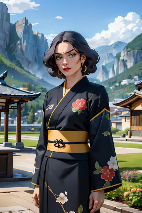 Lin_Bei_Fong, short black hair, green eyes, makeup, red lipstick, scar on face, traditional kimono, sash, long sleeves, floral print, looking at viewer, serious, smirk, standing, outside, boulder, shrine, garden, rolling hills, blue sky, high quality, masterpiece, <lora:Lin_Bei_Fong_CivitAITrainer:.7>