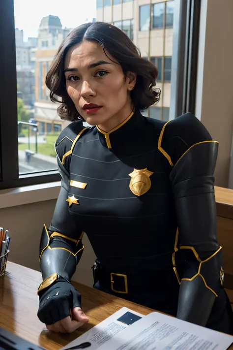 Lin_Bei_Fong, short black hair, green eyes, uniform, armor. makeup, red lipstick, scar on face, looking at viewer, serious, sitting, behind table, inside office, police station, window, sunbeam, high quality, masterpiece, <lora:Lin_Bei_Fong_CivitAITrainer:.7>