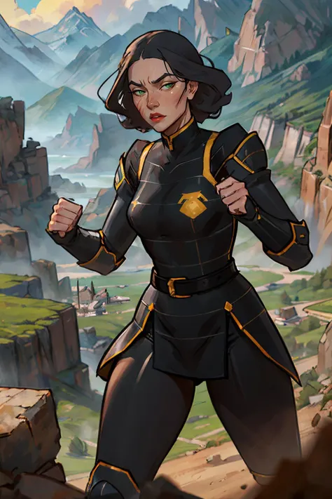 Lin_Bei_Fong, short black hair, green eyes, uniform, armor. makeup, red lipstick, scar on face, looking at viewer, serious, fighting pose, outside, fists, falling rocks, dirt, canyon, mountain, sunny,  high quality, masterpiece, <lora:Lin_Bei_Fong_CivitAITrainer:.7>