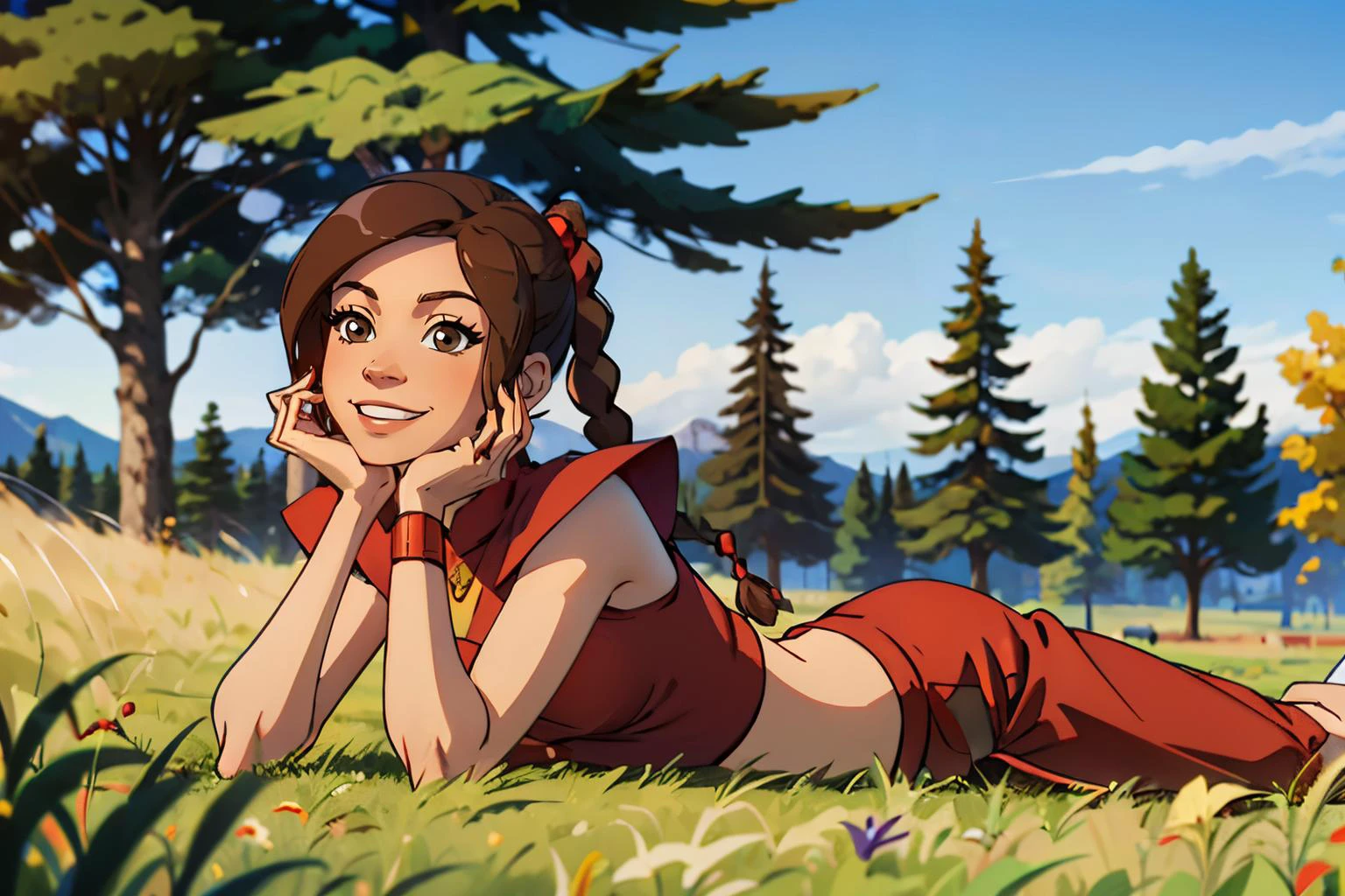 ty lee, brown eyes, brown hair, hair ornament, braid, red clothes, looking at viewer, smiling, lying, prone, on stomach, hand under chin, outside, grass, field, trees, blue sky, high quality, masterpiece, <lora:Tylee:.8>