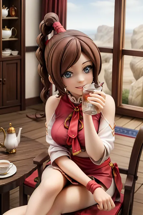 at a tea shop, adult woman, sitting, drinking tea, pov, talking, looking at viewer, happy, <lora:Tylee:1> tylee, <lora:add_detail:1>, ((masterpiece)), (best quality), 8k, ultra-detailed, absurdress
