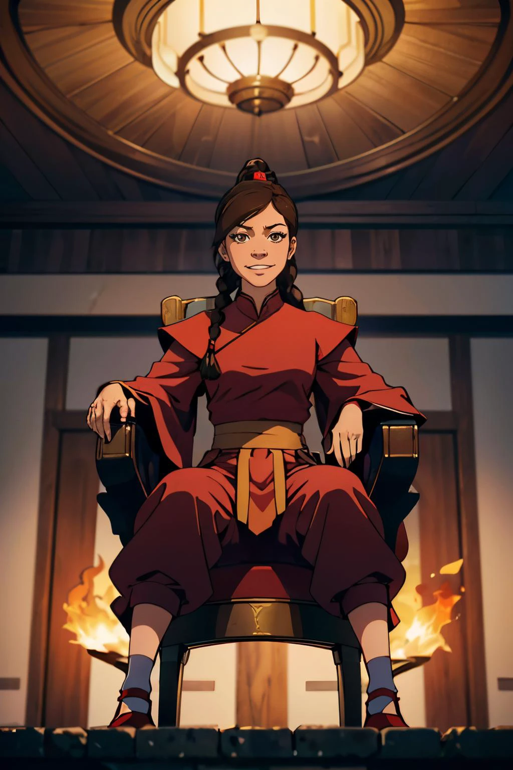 ty lee, brown eyes, brown hair, hair ornament, braid, red clothes, pants, looking at viewer, serious, smirk, from_below, sitting, on throne, spreading legs, inside palace, fire, dark, high quality, masterpiece, <lora:Tylee:.8>