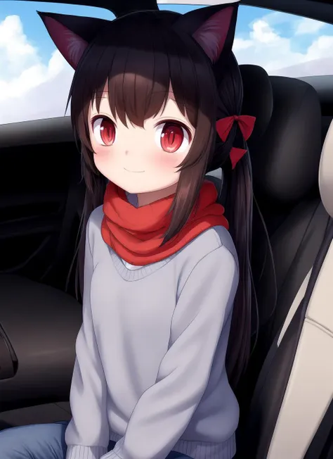 sfw,masterpiece,best quality,ultra wide-angle,full body,1girl,long hair,twintails,black hair,cat ears,red eyes,wariza,winter clothes, sweater, scarf, pants,excited,car interior,summer,light clouds,light rays,morning,gentle sun,night