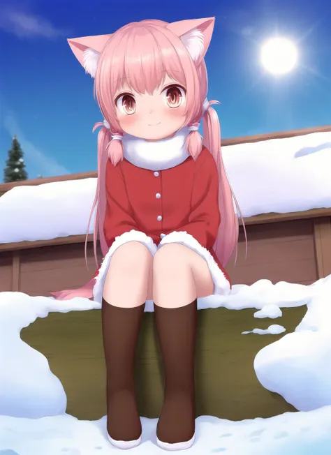 sfw,masterpiece,best quality,ultra wide-angle,full body,1girl,long hair,twintails,pink hair,cat ears,brown eyes,sitting,animal costume,happy,island,winter,snow,noon,high sun,bright sun rays,dawn