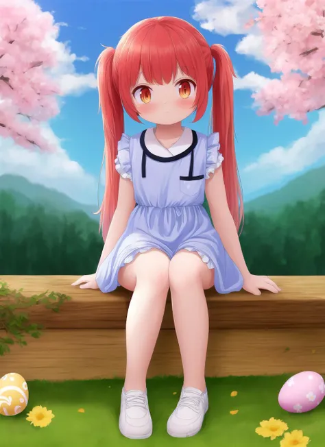 sfw,masterpiece,best quality,ultra wide-angle,full body,1girl,long hair,twintails,red hair,orange eyes,sitting,frilly dress,X3,infirmary,spring,sakura trees,flowers,easter eggs,noon,high sun,bright sun rays,dawn