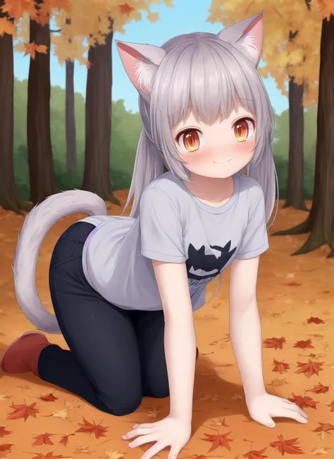 sfw,masterpiece,best quality,ultra wide-angle,full body,1girl,long hair,twintails,grey hair,cat ears,orange eyes,bent over,too big shirt,happy,alley,autumn,falling leaves,maple trees,morning,gentle sun,noon