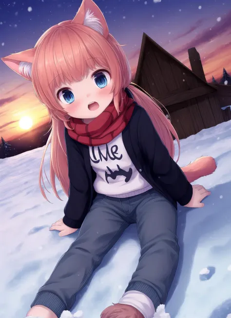 sfw,masterpiece,best quality,ultra wide-angle,full body,1girl,long hair,twintails,brown hair,cat ears,blue eyes,lying down,winter clothes, sweater, scarf, pants,open mouth,weapon shop,winter,snow,dusk,beautiful sunset,dawn