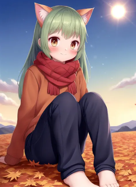 sfw,masterpiece,best quality,ultra wide-angle,full body,1girl,long hair,twintails,green hair,cat ears,brown eyes,knees together feet apart,winter clothes, sweater, scarf, pants,happy,dam,autumn,falling leaves,maple trees,dawn,sun behind the hills,dusk