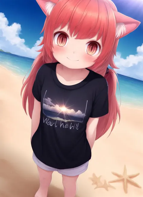 sfw,masterpiece,best quality,ultra wide-angle,full body,1girl,long hair,twintails,red hair,cat ears,brown eyes,wariza,too big shirt,:d,beach,summer,light clouds,light rays,noon,high sun,bright sun rays,dawn