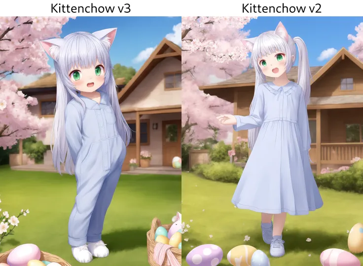 sfw,masterpiece,best quality,ultra wide-angle,full body,1girl,long hair,twintails,silver hair,cat ears,green eyes,standing,animal costume,open mouth,house,spring,sakura trees,flowers,easter eggs,morning,gentle sun,noon