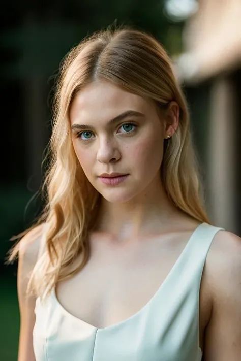 <lora:3ll3f4n:1>, Realistic photo of a beautiful 3ll3f4n woman, 1girl, solo, long hair, breasts, looking at viewer, blue eyes, blonde hair, dress, medium breasts, upper body, sleeveless, white dress, blurry, lips, sleeveless dress, blurry background, freckles, realistic, soft lighting, professional Photography, Photorealistic, detailed, RAW, analog, sharp focus, 8k, HD, DSLR, high quality, Fujifilm XT3, film grain, award winning, masterpiece