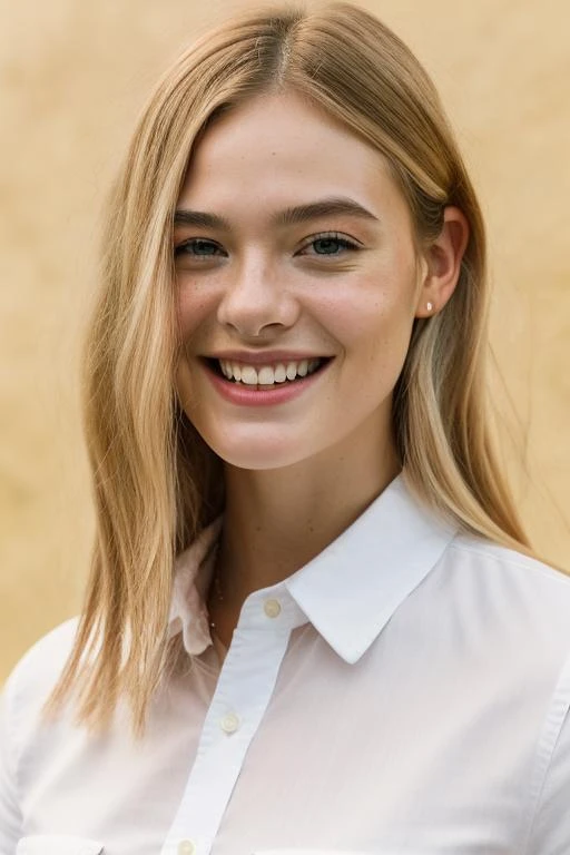 <lora:3ll3f4n:1>, Realistic photo of a beautiful 3ll3f4n woman, 1girl, solo, long hair, looking at viewer, smile, blonde hair, simple background, shirt, white shirt, teeth, artist name, mole, grin, makeup, portrait, yellow background, eyeshadow, freckles, realistic, soft lighting, professional Photography, Photorealistic, detailed, RAW, analog, sharp focus, 8k, HD, DSLR, high quality, Fujifilm XT3, film grain, award winning, masterpiece