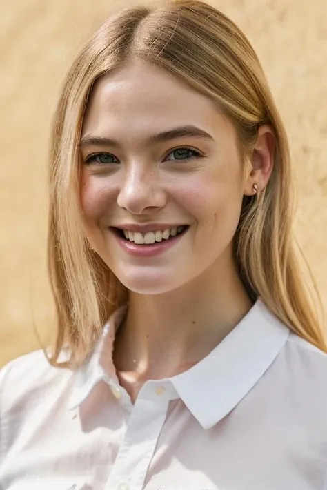 <lora:3ll3f4n:1>, Realistic photo of a beautiful 3ll3f4n woman, 1girl, solo, long hair, looking at viewer, smile, blonde hair, simple background, shirt, white shirt, teeth, artist name, mole, grin, makeup, portrait, yellow background, eyeshadow, freckles, realistic, soft lighting, professional Photography, Photorealistic, detailed, RAW, analog, sharp focus, 8k, HD, DSLR, high quality, Fujifilm XT3, film grain, award winning, masterpiece