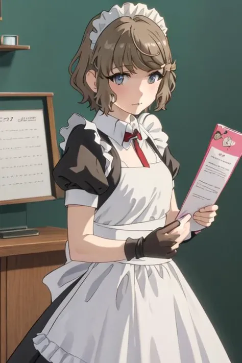 best quality, masterpiece, highres, solo, {maid:1.40}, {long maid dress:1.15}, {koga_tomoe_seishunbutayarou:1.15}, brown_hair, short_hair, hair_ornament, hairclip, blue_eyes, bangs, grey_eyes