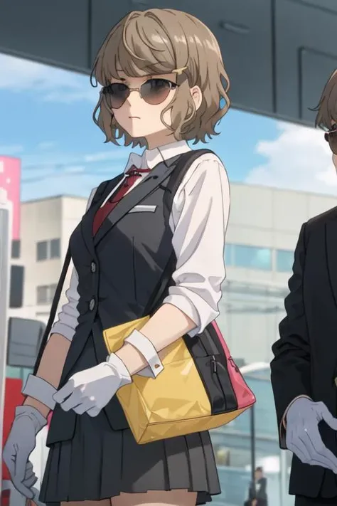 best quality, masterpiece, highres, solo, {black business suit:1.40}, {tie:1.20}, {sunglasses:1.25}, {white gloves:1.15}, {white shirt:1.10}, {black skirt:1.15}, {smoking:1.20}, handsome, {koga_tomoe_seishunbutayarou:1.15}, brown_hair, short_hair, hair_ornament, hairclip, blue_eyes, bangs, grey_eyes
