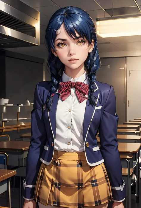 (masterpiece, best quality), 1girl, <lora:tadokoro_megumi_v1:0.8> 1girl, solo, long hair, blue hair, twin braids, hair ornament, yellow eyes, hair over shoulder, school uniform, red bowtie, blazer, (blue jacket:1.2), plaid skirt, brown skirt, 1girl, solo, long hair, blue hair, twin braids, hair ornament, yellow eyes, hair over shoulder, chef, white shirt, buttons, white pants