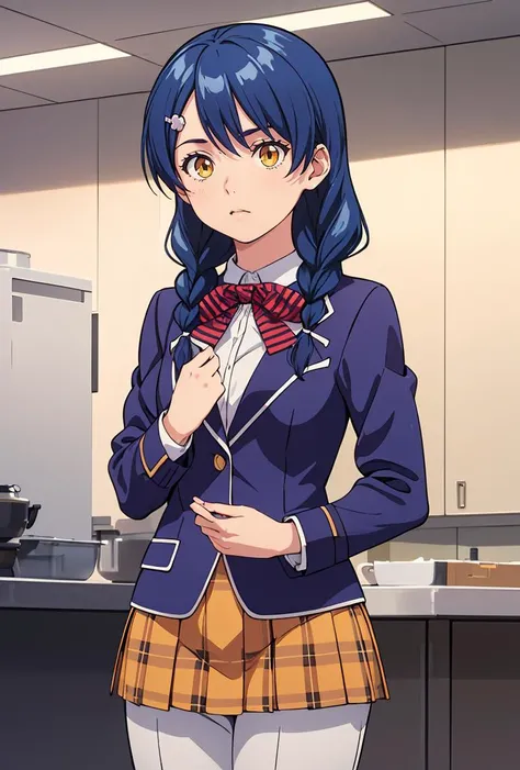 (masterpiece, best quality), 1girl, <lora:tadokoro_megumi_v1:0.8> 1girl, solo, long hair, blue hair, twin braids, hair ornament, yellow eyes, hair over shoulder, school uniform, red bowtie, blazer, (blue jacket:1.2), plaid skirt, brown skirt, 1girl, solo, long hair, blue hair, twin braids, hair ornament, yellow eyes, hair over shoulder, chef, white shirt, buttons, white pants