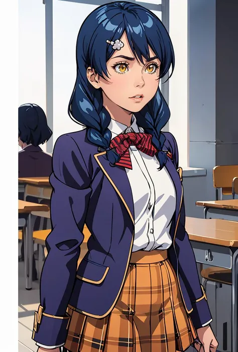 (masterpiece, best quality), 1girl,  <lora:tadokoro_megumi_v1:0.8> 1girl, solo, long hair, blue hair, twin braids, hair ornament, yellow eyes, hair over shoulder, school uniform, red bowtie, blazer, (blue jacket:1.2), plaid skirt, brown skirt, 1girl, solo, long hair, blue hair, twin braids, hair ornament, yellow eyes, hair over shoulder, chef, white shirt, buttons, white pants
