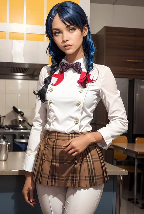 (masterpiece, best quality), 1girl,  <lora:tadokoro_megumi_v1:0.8> 1girl, solo, long hair, blue hair, twin braids, hair ornament, yellow eyes, hair over shoulder, school uniform, red bowtie, blazer, (blue jacket:1.2), plaid skirt, brown skirt, 1girl, solo, long hair, blue hair, twin braids, hair ornament, yellow eyes, hair over shoulder, chef, white shirt, buttons, white pants