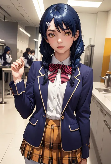 (masterpiece, best quality), 1girl, <lora:tadokoro_megumi_v1:0.8> 1girl, solo, long hair, blue hair, twin braids, hair ornament, yellow eyes, hair over shoulder, school uniform, red bowtie, blazer, (blue jacket:1.2), plaid skirt, brown skirt, 1girl, solo, long hair, blue hair, twin braids, hair ornament, yellow eyes, hair over shoulder, chef, white shirt, buttons, white pants