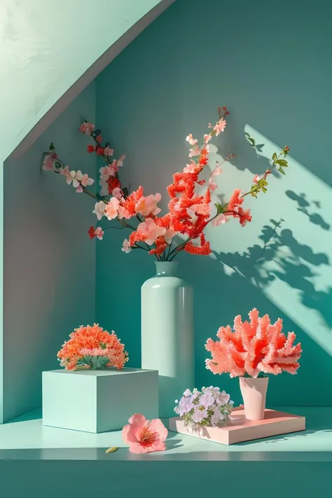 masterpiece,high quality,square product stand,teal and coral theme,flowers,J_showcase,<lora:showcase:0.8>,