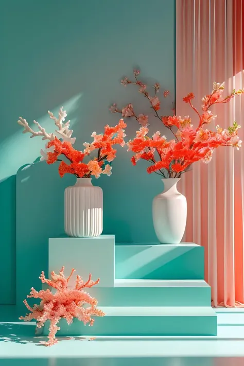 masterpiece,high quality,square product stand,teal and coral theme,flowers,J_showcase,<lora:showcase:0.8>,
