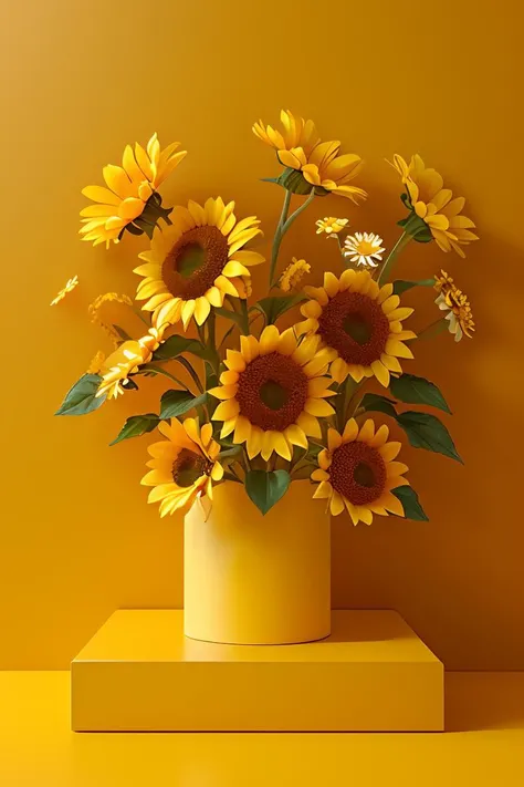 masterpiece,high quality,square product stand,yellow and orange theme,sunflowers and daisies,J_showcase,<lora:showcase:0.8>,