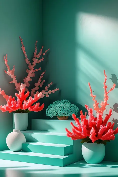masterpiece, high quality, square product stand, teal and coral theme, flowers , J_showcase,<lora:showcase:0.8>,