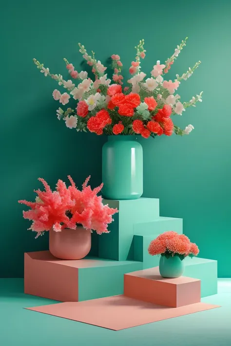 masterpiece, high quality, square product stand, teal and coral theme, flowers , J_showcase,<lora:showcase:0.8>,