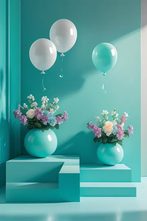 masterpiece, high quality, Square product stand, blue and turquoise theme, flowers and balloon, J_showcase,<lora:showcase:0.8>,