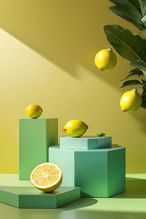 masterpiece, high quality, Hexagonal product stand, yellow and green theme, mint and lemons, J_showcase ,<lora:showcase:0.8>,
