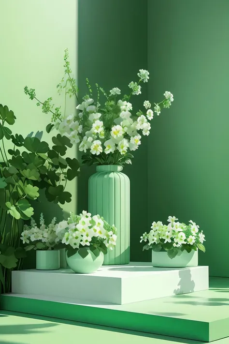 masterpiece,high quality,Square product stand,emerald and green theme,shamrocks and white flowers,J_showcase,<lora:showcase:0.8>,