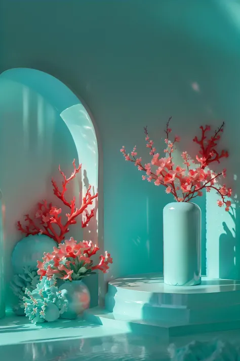 masterpiece,high quality,square product stand,teal and coral theme,flowers,J_showcase,<lora:E-commerce background showcaseæ¸
æ°å¹²åçèºæ¯é£æ ¼äº§å空å±å°èæ¯:1>,<lora:Light_Master(å
影大å¸)_0.13Pro:1>,