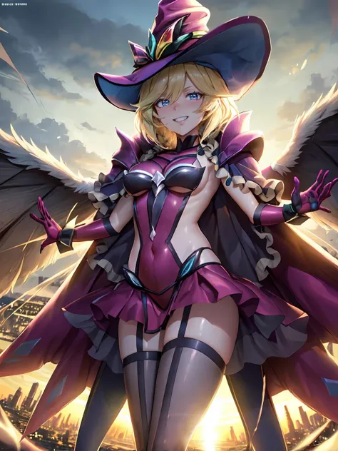 (extremely detailed fine touch:1.2), (ray tracing:1.2), masterpiece, best quality, highly quality perfect face, shiny skin, lustrous skin,wide hips <lora:CarolGear-10:0.8>carolgear, blonde hair, gloves, hat, side cutout, mole under eye, elbow gloves, sideless outfit, blue eyes, thighhighs, skirt, short hair, garter straps, aged up, witch hat, long hair, braid, black thighhighs, braided ponytail, covered navel, upper body, Sadistic grin, blood splash large breast destroyed city background, wings,