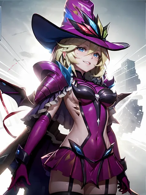 best quality, masterpiece, highres, solo, {carol_malus_dienheim_senkizesshousymphogear:1.15}, blonde_hair, blue_eyes, short_hair, mole, mole_under_eye, hair_between_eyes, upper_body, closed_mouth, shiny_hair, anime_coloring, shiny, 1girl, armor, hat, pauldrons, shoulder_armor, elbow_gloves, side_cutout, gloves, sideless_outfit, purple_gloves