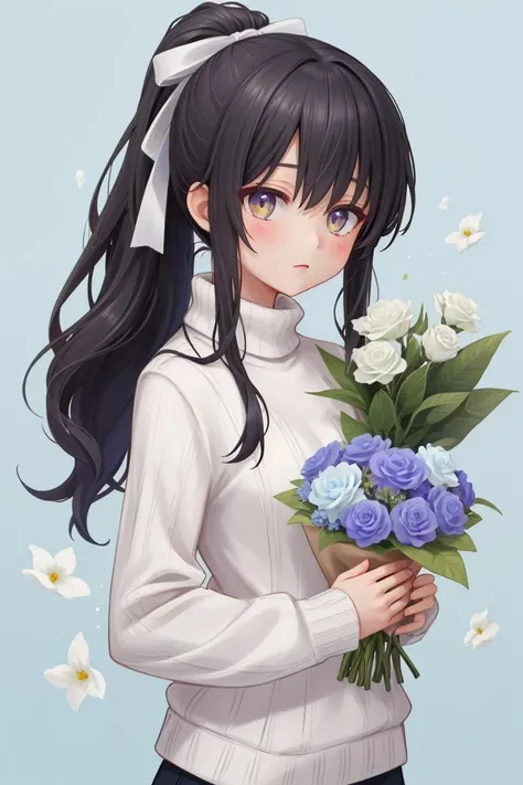 1girl, bangs, black_ribbon, blue_flower, bouquet, flower, green_background, hair_ribbon, jewelry, long_hair, long_sleeves, looking_at_viewer, pink_flower, pink_rose, ponytail, purple_flower, ribbed_sweater, ribbon, rose, solo, sweater, turtleneck_sweater, upper_body, white_flower, white_rose, white_sweater<hypernet:Yaguru_Magiku:0.3>
