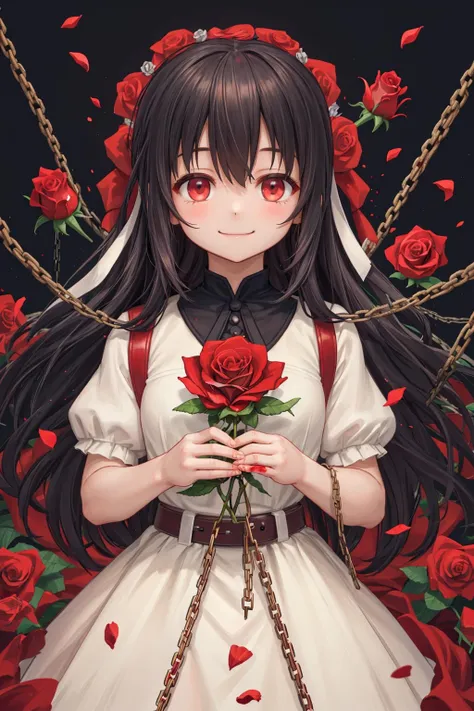(masterpiece, best quality), makima \(chainsaw man\), 1girl, long hair, red eyes, scar on face, ringed eyes, pinafore dress, black hair, black belt, black ribbon, black belt, (blood, blood splatter), chain, ((chains, smile, smiling, closed mouth, flower, facing viewer, petals, red flower, red rose, red theme, rose, black background:1.2)),