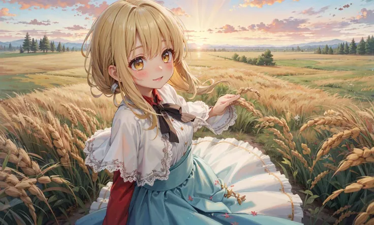 best quality, masterpiece, extremely detailed, detailed background, (from above:1.2),1girl, solo, yellow hair, yellow eyes,skirt, braid, shout hair, wavy hair,on side, fluffy hair, ponytail, french braid, blush, smile, capelet, lace trim, bodice, sunset, long dress,dusk, scenery, gold sky,high place, horizon, wheat field, wheat ears,wind, wind blow, looking at viewer, depth of field, bokeh, ,