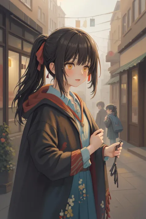 ((masterpiece)), (((best quality))), ((ultra-detailed)), ((illustration)),
chaos theme, neon palette theme, 2girls,yuri, mascara, black_hair, side_ponytail, lace, portrait, dynamic pose, motion blur, ponytail, hair ribbon, print, cloak, jacket removed, splashing color, street background, depth of field, [:sketch:45], [:realistic:45], [:watercolor:45], [:anime screencap:45], Polychromatic:1.3),colorful,opal,(by Artist Jan Hendrik Weissenbruch:1.3),(American Scene Painting:1.3),(Warm Colors:1.3)