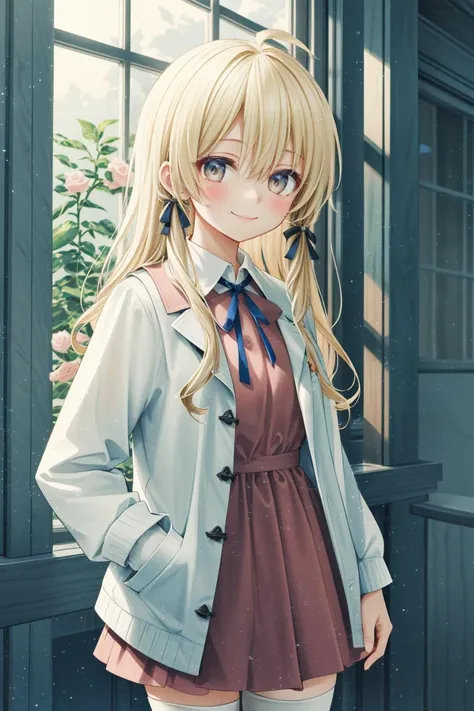 1girl, blonde hair, long hair,pinafore dress, green house, indoor , naughty smile, inviting, hand in pocket,
white rose, moonlight,(warm color):0.263, intricate details, (by Marc Adamus):0.3,(by itou hachi):0.7,(8k hdr:1.2), atmospheric perspective, extremely detailed, wallpaper, perfect anime illustration, (cowboy shot):0.87, portrait:1.35, close-up:1.3,(upper body):0.75,
<lora:add_detail:0.217><lora:clamp-tsubasa-style:0.25><lora:Heavy_grain:0.65>
1girl anisphia ahoge hair ribbon,pink skirt frilled skirt white jacket cropped jacket white shirt white thighhighs frills black bow neck ribbon black ribbon wide sleeves,