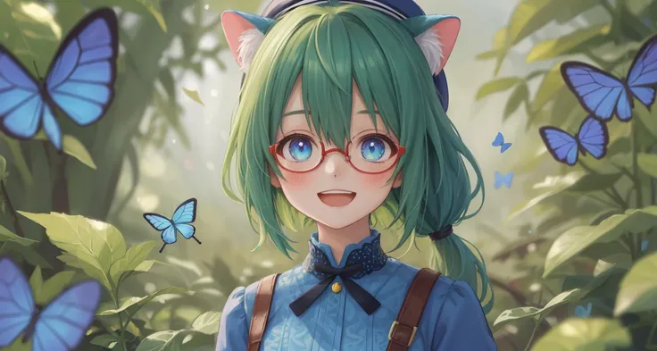 masterpiece,high resolution illustration,best quality,colorful,finely detailed beautiful eyes and detailed face,sunlight,extremely detailed CG unity 8k wallpaper,bust shot,
1girl, animal_ears, bird, blue_butterfly, blue_dress, blurry, blurry_background, blurry_foreground, blush, breasts, bug, butterfly, cat_ears, depth_of_field, dress, glasses, gloves, green_hair, hat, long_hair, long_sleeves, looking_at_viewer, multicolored_hair, open_mouth, ponytail, semi-rimless_eyewear, smile, solo