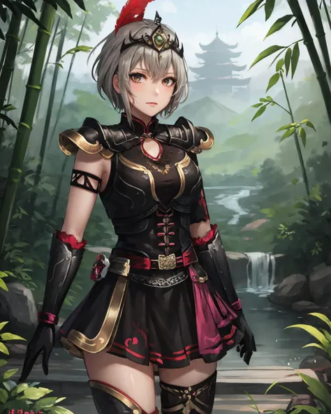 best quality, (masterpiece:1.2), illustration, absurdres,
(1girl, solo), (beautiful detailed girl),
<lora:LuLingqi-08:0.8>, Lu Lingqi, grey hair, brown eyes, short hair,
headpiece, feathers,
armored dress, shoulder armor, black skirt, thigh boots, armored boots, gloves,
in bamboo forest, chinese architecture, stream,, standing, cowboy shot,,
looking at viewer, confident, proud,