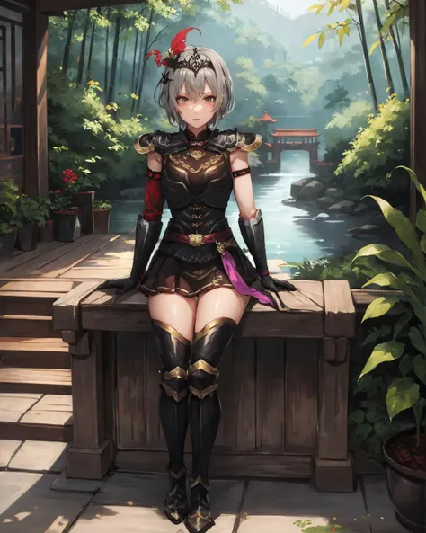 best quality, (masterpiece:1.2), illustration, absurdres,
(1girl, solo), (beautiful detailed girl),
<lora:LuLingqi-08:0.8>, Lu Lingqi, grey hair, brown eyes, short hair,
headpiece, feathers,
armored dress, shoulder armor, black skirt, thigh boots, armored boots, gloves,
in bamboo forest, chinese architecture, stream,, hands between legs, full body shot,,
looking at viewer, confident, proud,