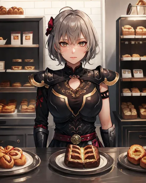 best quality, (masterpiece:1.2), illustration, absurdres,
(1girl, solo), (beautiful detailed girl),
<lora:LuLingqi-08:0.8>, Lu Lingqi, grey hair, brown eyes, short hair,
armored dress, shoulder armor, black skirt, thigh boots, armored boots, gloves,
((inside intricate detailed bakery)), bread, pastries, table, store, shop,, legs apart, (upper body, portrait),,
looking at viewer, confident, proud,