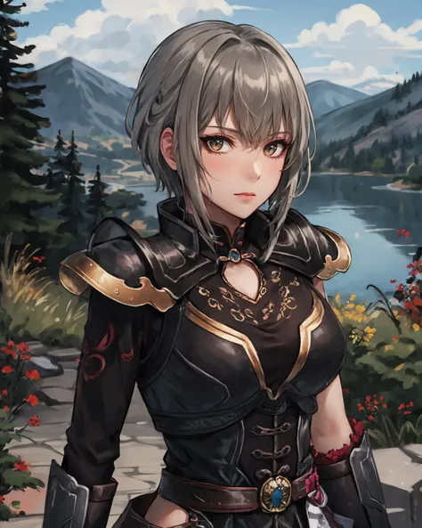 best quality, (masterpiece:1.2), illustration, absurdres,
(1girl, solo), (beautiful detailed girl),
<lora:LuLingqi-08:0.8>, Lu Lingqi, grey hair, brown eyes, short hair,
armored dress, shoulder armor, black skirt, thigh boots, armored boots, gloves,
overlooking distant mountains, distant river, (pine forest), autumn colors, sky, clouds, intricate, detailed background,, on stomach, (upper body, portrait),,
looking at viewer, confident, proud,