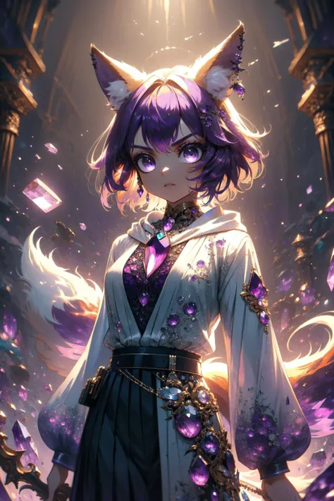 (high quality, best quality, 4k, 2k, (intricate:1.1), (high detail:1.3)), ((fantasy, abstract background)), (official wallpaper, volumetric lighting, dynamic lighting),
1girl, solo, (fox girl, fox ears, fox tail), short hair, messy hair, purple hair (purple eyes, shiny hair),
hoodie, pleated skirt, belt, (chest jewel, jewelry, gemstone, ornate clothes),
standing, facing viewer, ((serious, cowboy shot)), (amethystgemstyle, purple gems, purple gemstone),
<lora:amethyst-gem-style-darquelilly-v1:1>