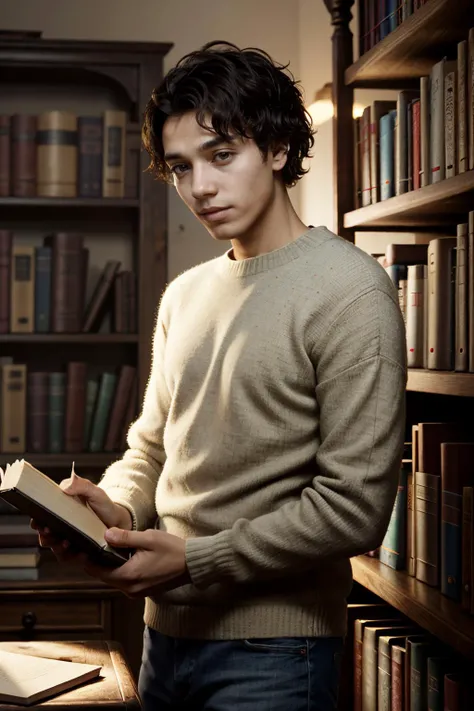 A portrait of a young man. Curly hair that is black.  He has a stoic look on his face. In the background is a library.