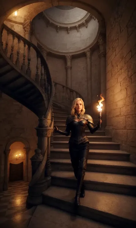 1 girl, walking down staircase, beautiful girl, armor, blonde, holding lanyern, spiralstairs2023, flaming torch, torches, stone bricks, ancient, vibrant color, circular room, ornate, stone walls, hanging torches, dark, gloomy, pillar, cinematic lighting