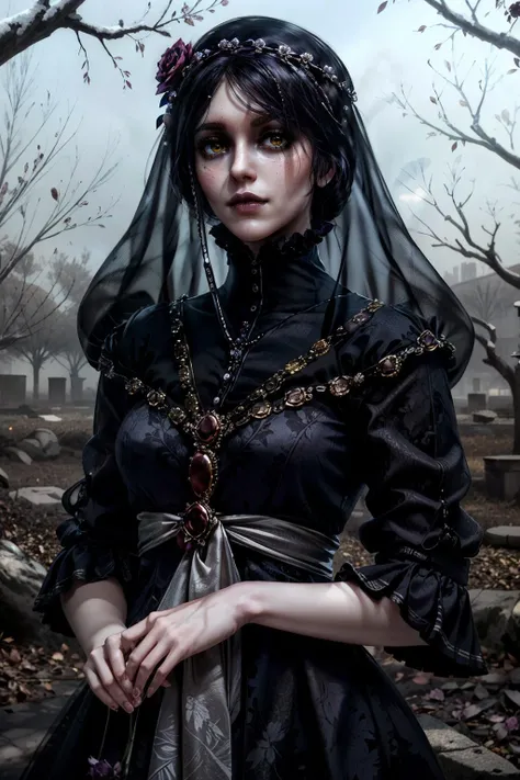 (masterpiece, best quality:1.3)
<lora:epi_noiseoffset2:1> <lora:add_detail:0.7> <lora:IrisEverecW-000001:0.9>
IrisEverecW, 1girl, solo, looking at viewer, black hair, hair ornament, dress, jewelry, yellow eyes, upper body, flower, outdoors, parted lips, necklace, black dress, tree, makeup, rose, lipstick, pale skin, veil, bare tree, black lips, black rose