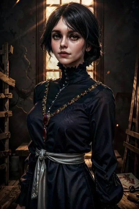 (masterpiece, best quality:1.3)
<lora:epi_noiseoffset2:1> <lora:add_detail:0.7> <lora:IrisEverecW:0.9>
IrisEverecW, 1girl, solo, looking at viewer, black hair, hair ornament, dress, holding, jewelry, closed mouth, standing, flower, indoors, necklace, black dress, makeup, capelet, rose, fire, lipstick, black nails, veil, red lips, embers